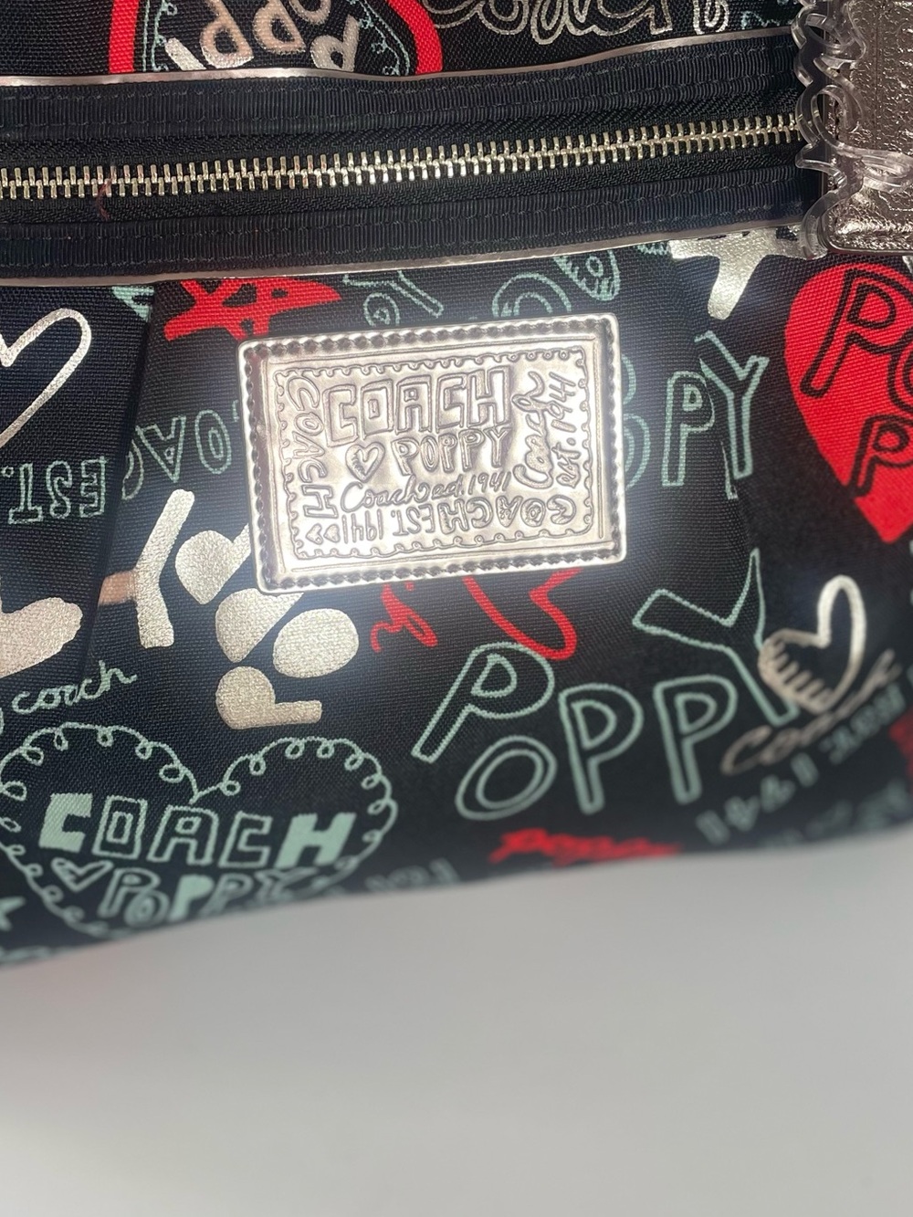 Coach Poppy Black Tote with Red, White and Silver Accents - Picture 5 of 15